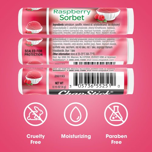 ChapStick Lip Moisturizer, Raspberry Sorbet, 12-Pack – Bulk Lip Balm, Luscious & Sweet, 0.15 Oz Ea
