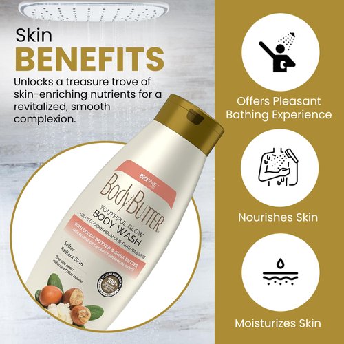 Biocare Youthful Glow Body Wash Infused with Cocoa & Shea Butter, Intensive Moisture, Nourished, Soft Body Wash - 16.5 oz