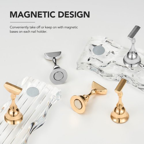 GAOY 2Pcs Magnetic Nail Stand, Acrylic Nail Art Practice Press on Nails Display Stand Holder with 96Pcs Reusable Adhesive Putty for Home DIY & Salon Use Manicure Tools, Golden & Silver