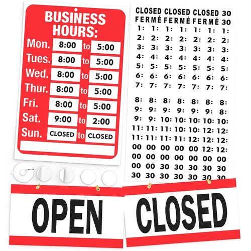 ASSURED SIGNS Open Closed Sign, Business Hours Sign Kit for Glass Door or Window - Bright Red and White Colors - Includes 4 Double Sided Adhesive Pads and a Black Number Sticker Set - Ideal Closed and Open Signs for Business, Store or Office