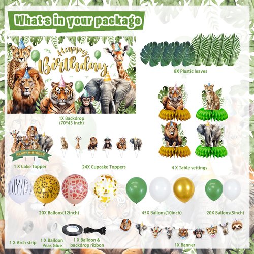 Mpanwen Jungle Safari Birthday Party Decorations, 127 Pcs Zoo Safari Animal Theme Party Supplies for Baby - Backdrop, Banner, Cake, Cupcake Toppers, Palm Leaves