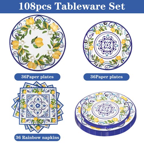 108Pcs Capri Lemon Party Plates Supplies, Capri Yellow Lemon Party Plates Supplies includes Lemon Plates and Napkins, Blue Tiles Mediterranean Party Decor for Kids Birthday Baby Shower, Serves 36