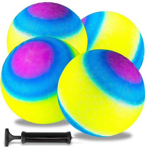 Erinnmy 4 Pcs Rainbow Playground Balls with 1 Hand Pump,8.5 Inch Neon Sports Balls,Inflatable Multi Colors Kick Balls Handball,Colorful Rubber Bouncy Balls for Kids Adults Indoor Outdoor Games Use
