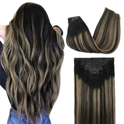 GOO GOO Clip in Hair Extensions Real Human Hair, 18inch 130g 7Pcs, 1B/16/1B Balayage Natural Black to Light Blonde, Remy Human Hair Extensions Clip ins for Women, Natural Human Hair