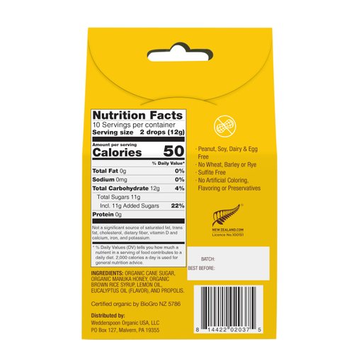 Wedderspoon Organic Manuka Honey Drops, Lemon & Bee Propolis, 20 Count (Pack of 1) | Genuine New Zealand Honey | Perfect Remedy For Dry Throats