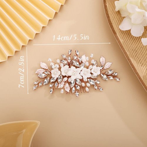 Chargances Bridal Flower Rhinestone Hair Comb Wedding Pearl Leaf Hair Side Comb Fashion Crystal Handmade Hair Accessories for Women and Girls (Rose Gold)