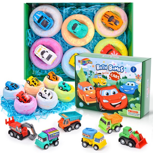 6 Pack Natural Bath Bombs for Kids Pull-Back Cars Organic Rich Foam Color Bubble Set Boys Girls Surprise Toys Christmas Gift for Toddlers