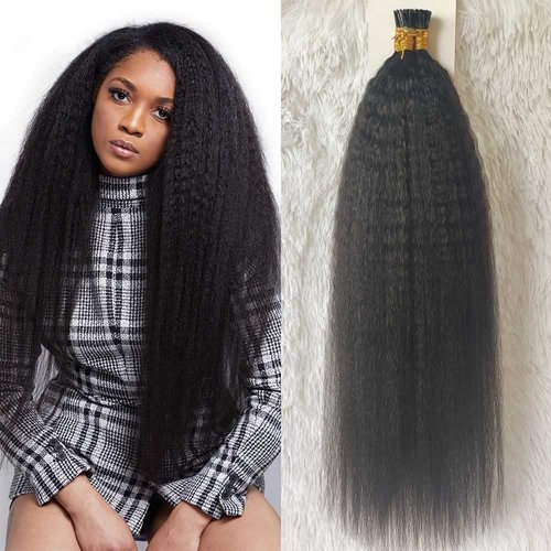 Forawme Kinky Straight Pre bonded I tip hair extensions 100 Remy Human Hair Stick Tip Fusion Hairpiece Invisible Keratin Extensions #1B Black 22 Inch 100g/pack 1g/strand