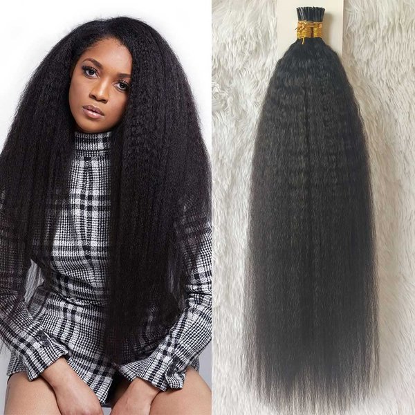 Forawme Kinky Straight Pre bonded I tip hair extensions 100 Remy Human Hair Stick Tip Fusion Hairpiece Invisible Keratin Extensions #1B Black 22 Inch 100g/pack 1g/strand