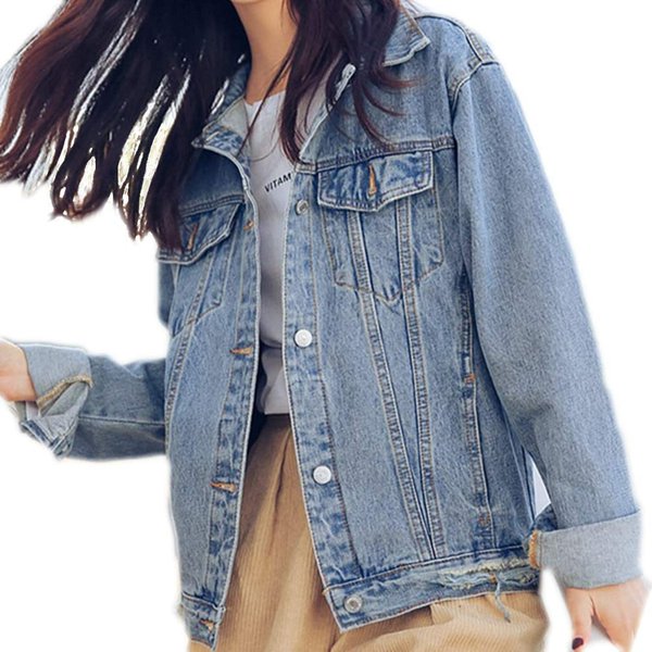 Saukiee Oversized Denim Jacket Distressed Boyfriend Jean Coat Jeans Trucker Jacket for Women Girls Lightblue L