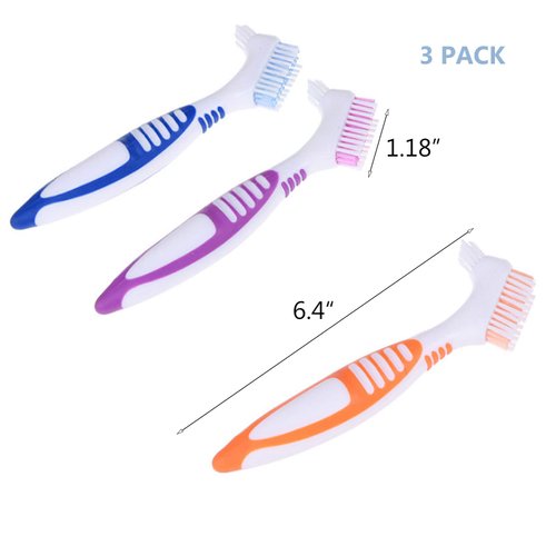 FRUTA 3 Pcs Denture Cleaning Brushes False Teeth Cleaning Brush Denture Double Sided Brush Multi-Layered Bristles Brush Portable Brush for False Teeth, 3 Colors
