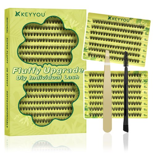 Lash Clusters 3D Effect Individual Lashes KEYYOU 300pcs 30D D Curl 10mm Eyelash Clusters Wispy Lashes Fluffy Cluster Lashes Natural Soft DIY Lash Extension(3D-30D-D-10)