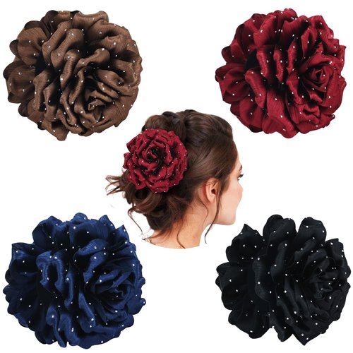 Cinaci 4 Pieces Flower Hair Claw Clips Barrettes Clamps Bun Updo Holders Hair Accessories for Women Girls (Dark Coffee, Burgundy, Navy, Black.)