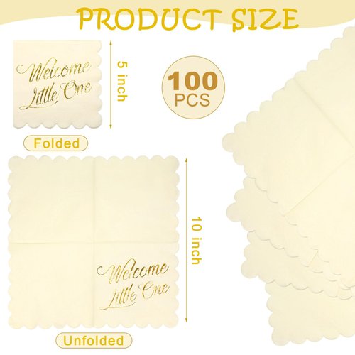 Marspark 100 Pcs Neutral Baby Shower Napkins for Boy Girl 5 x 5 Inch Scalloped Cocktail Paper Napkins Decorative Light Tan Napkins with Gold Foil for Wedding Birthday Dinner Plates Decorations