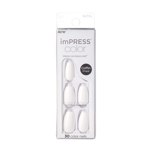 KISS imPRESS No Glue Mani Press On Nails, Color, 'Frosting', white, Medium Size, Coffin Shape, Includes 30 Nails, Prep Pad, Instructions Sheet, 1 Manicure Stick, 1 Mini File