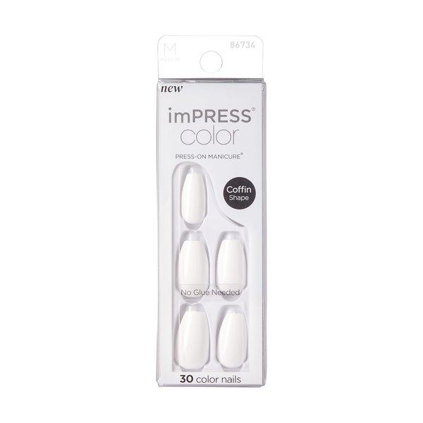 KISS imPRESS No Glue Mani Press On Nails, Color, 'Frosting', white, Medium Size, Coffin Shape, Includes 30 Nails, Prep Pad, Instructions Sheet, 1 Manicure Stick, 1 Mini File