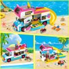 HOGOKIDS 3-in-1 Girls Camper Van Building Set - 494PCS Summer Beach Camping Building Blocks Sets | Food Truck Building Toys with Slide and Stickers | Gifts for Girls Boys Age 6 7 8 9 10 11 12+