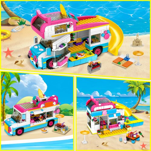 HOGOKIDS 3-in-1 Girls Camper Van Building Set - 494PCS Summer Beach Camping Building Blocks Sets | Food Truck Building Toys with Slide and Stickers | Gifts for Girls Boys Age 6 7 8 9 10 11 12+