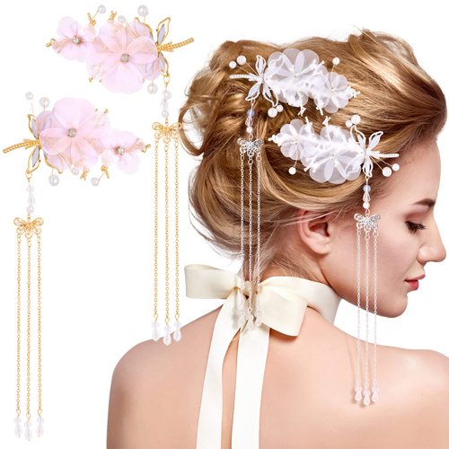 ANCIRS 4 Pack Butterfly Tassel Hair Clips for Women, Flower Shape Pearl Hair Pins Accessories Alligator Barrettes Claws for Girls- Gold & Silver