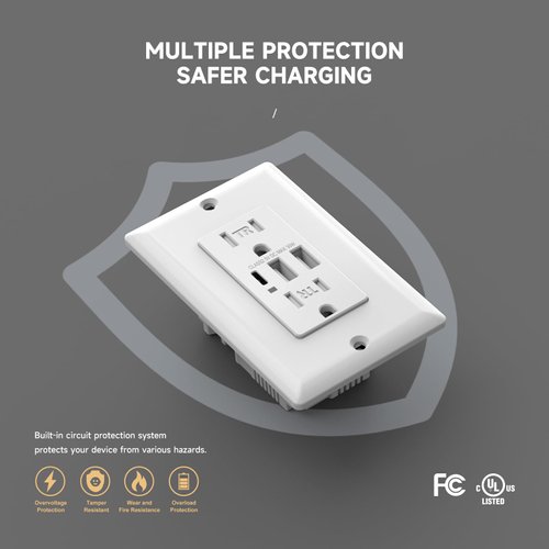 ALASTECH USB Outlet with 3 USB Ports, 30W 6Amp USB C Wall Outlets Receptacles, 15A Tamper Resistant Receptacle with 2 USB Type A & 1 Type C Port, UL & FCC Listed, White