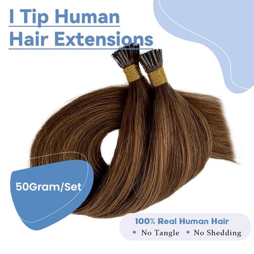 Medium Brown Keratin I Tip Hair Extensions Balayage Real Hair Extensions Medium Brown to Ash Blonde Highlight Pre Bonded Stick Tips Hair Extensions Human Hair Brown Balayage 50G 100s 16Inch