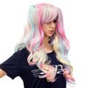 SWACC Long Curly Double Claw Clip on Ponytail Wig Synthetic Pastel Colorful Cosplay Daily Party Wig for Women with Wig Cap (Multi-Color Pink/Blue/Blonde-3)
