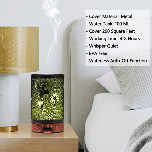 Diffusers for Essential Oils,ASAWASA Essential Oil Diffuser with Waterless Auto Shut-Off, Metal Art Aromatherapy Humidifier with Multi Color Changed Night Light,Ideal for Home Spa Yoga(Bird)