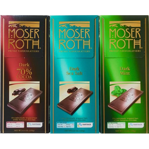 German Dark Chocolate Bundle of 3 Varieties. Moser Roth Dark Sea Salt, 70% Cocoa and Dark Mint Pack of 3. Low Sugar Gourmet Candy Bars. Good for the Waist Line and Chocolate Lovers! From Germany!