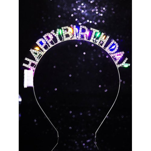 Sixexey Light Up Happy Birthday Headband LED Rhinestone Hair Band for Birthday Celebration Party Favors Hair Accessories for Women(Silver, One Size)