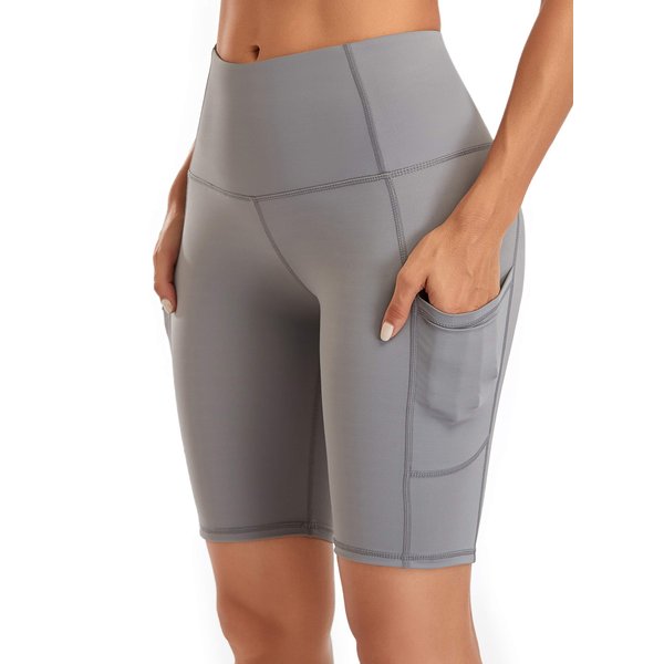 Oalka Women's Short Yoga Side Pockets High Waist Workout Running Shorts Light Grey XL