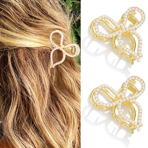 CAKURE Pearl Hair Claw Clips Gold Bow Claw Clips for Hair Cute Mini Hair Catch Barrettes Styling Hair Accessories for Women and Girls (Pack of 2)
