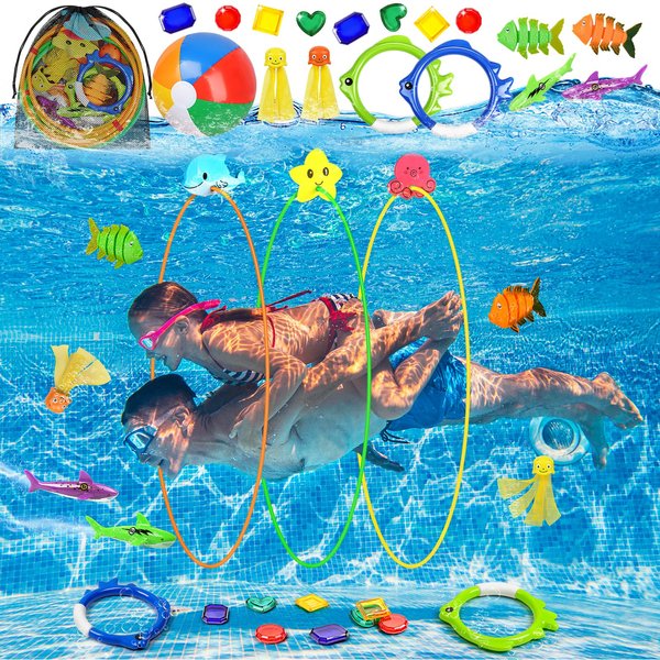DISHIO Diving Pool Swim Toys for Kids, Diving Swim Thru Rings for Toddlers Adults Pool Swim Games, Beach Pool Ball Diving Gems Octopus Pool Torpedo Shark Fish, Diving Hoops Toys Bulk Set with Mesh Bag