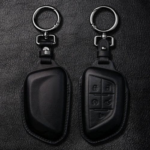 Tukellen for Cadillac Leather Key Fob Cover with Keychain Leather Key Case Key Shell 360 Degree Full Protection Compatible with 2020 2021 Cadillac ct5 CT4-V Corvette C8 5-Buttons-Black