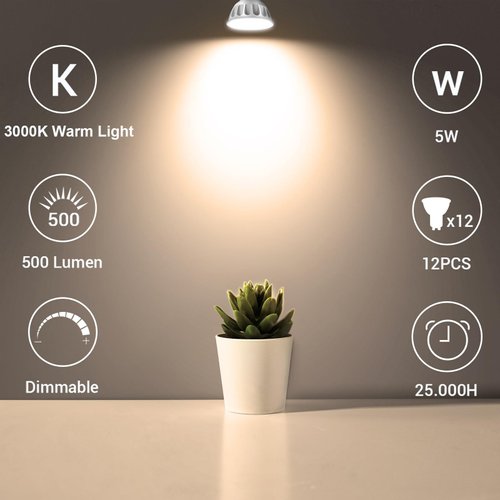 GU10 Bulb 500LM Dimmable, 3000K Warm White GU10 Bulb Replacement for Track Lighting, 5W(50W Halogen Equivalent) LED Light Bulb with 40°Flood Beam for Kitchen, Range Hood, Living Room, Bedroom, 12 Pack