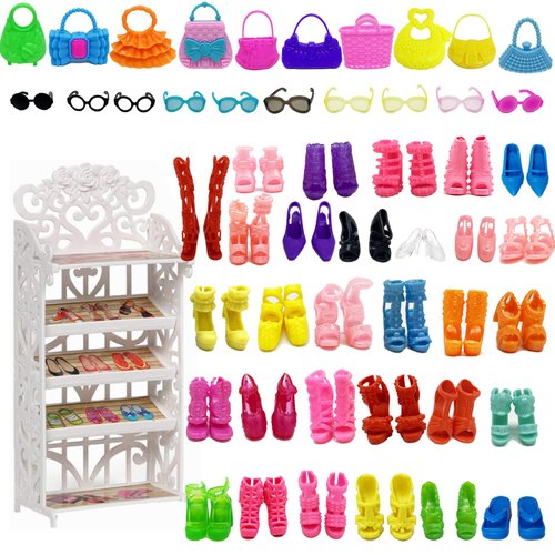 HighFun Doll Shoes Rack + 30 Pairs Doll Shoes 10 Doll Handbags 10 Doll Glasses Replacement Fashion Playset Accessories Different Assorted Colors High Heel Boots Sandals for 11.5 Inch Girl Doll