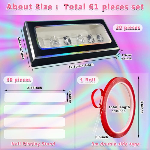 60 Pcs Empty Press on Nails Packaging Box Set 30 Pcs Clear Glitter Paper Eyelash Storage Box and 30 Pcs Acrylic Nail Display Stand Holder with 1 Red Double Sided Tapes for Nail Salon Home Office