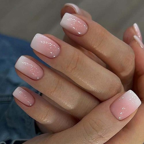 ANDGING Press on Nails Short Square Nude Ombre White Fake Nails with Glossy Design Glue on Nails for Women Acrylic False Nails Coffin Stick on Nails Manicure Press on Nail for Wedding 24Pcs D65