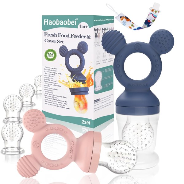 HAOBAOBEI Baby Fruit Feeder, Frozen Teething Toys for Babies, Baby Teether Pacifier with 4 Extra Teats, Baby Eating Essentials, BPA Free Baby Feeding Supplies - 2-Pack (Blue Pink)