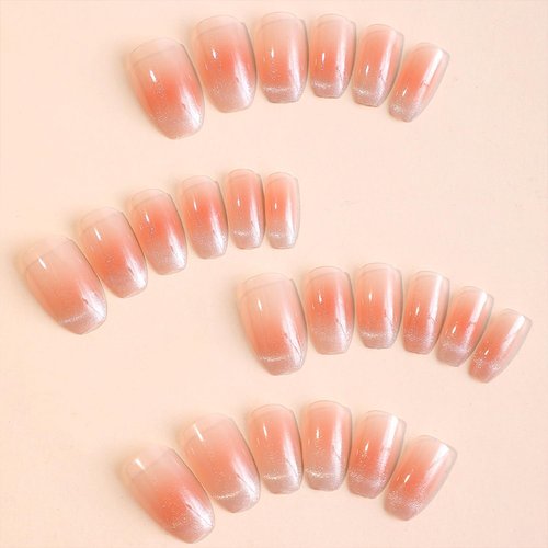 Tyuimhx Cat Eyes Press on Nails Medium Coffin Fake Nails Glitter French Tip False Nails With Designs Glossy Full Cover Stick on Nails Acrylic Artificial Nails for Women Girls Glue on Nails 24Pcs