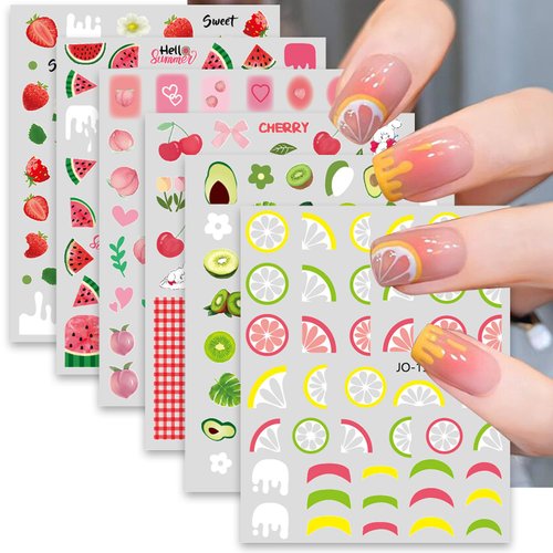6 Sheets Fruit Nails Stickers Nails Art Stickers 3D Self Adhesive Colorful Fruit Nail Decals with Mixed Cherry Watermelon Strawberry Lemon Nail Design Nail Art Supplies for Women Nail Decorations
