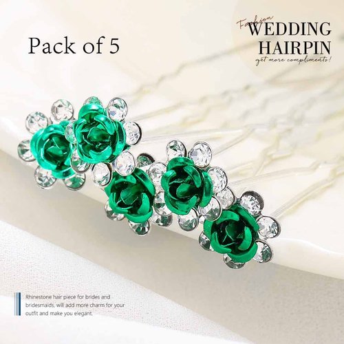 Bartosi Flower Hair Pins Rhinestone Bridal Hair Pieces Bride Wedding Hair Accessories for Women and Girls (Pack of 5) (Green)