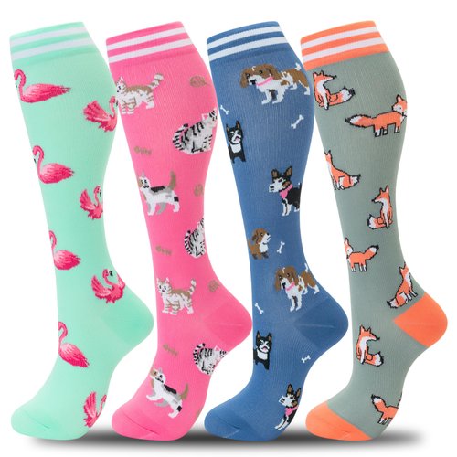 fenglaoda Compression Socks Women Men 4 Pairs, Knee High Support Socks for Running, Sports, Travel, Flight, Nurse