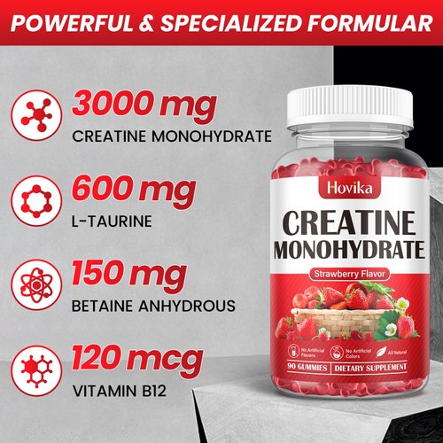 Hovika Creatine Monohydrate Gummies for Men & Women, Chewable 3g Creatine Monohydrate with Vitamin B12 for Muscle Growth & Recovery-Vegan, Natural Strawberry Flavor, 90 Gummies