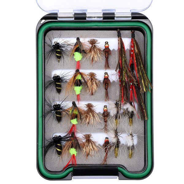 Goture Fly Fishing Flies Kit - Handmade Dry Wet Fly Fishing Lure with Waterproof Fly Box Includes Bee Bird Nymphs Streamer 16 & 24 Pieces - Ideal for Bass Trout Panfish