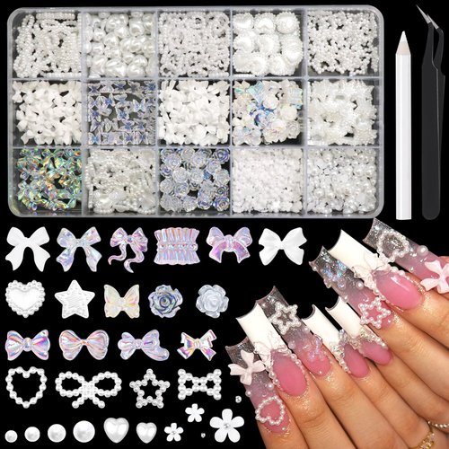 RODAKY 1000PCS White Nail Charms 3D Bows Heart Butterfly Charms for Nails Assorted Nail Art Charms Flatback Pearl Beads Mix Style Nail Decoration Nail Art Accessories for Manicure DIY