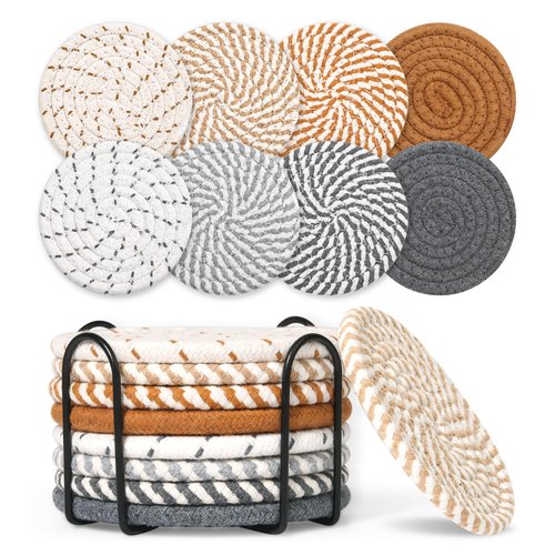 Mckanti 8 Style Drink Coasters with Holder, Absorbent Coasters for Coffee Table, Minimalist Cotton Woven Coaster Set for Home Decor Tabletop Protection Suitable for Kinds of Cups, 4.3 Inches.