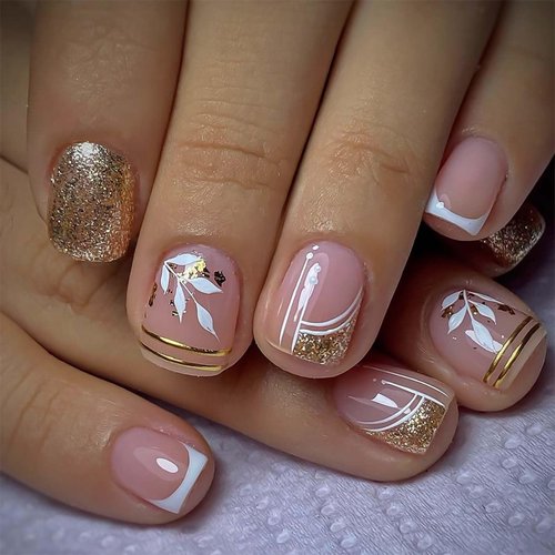 Short Square Nails Press on Rchosvam Square Fake Nails French Gold Glitter Stick on Nails Gold and Leaves Glue on Nails with Design for Womens Girls 24pcs