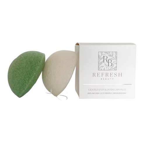 Gentle Exfoliating Sponge | Refresh Beauty Products | Konjac Face Scrubber | Dead Skin Remover | Soft and Effective | 2 Piece Set, White, Green