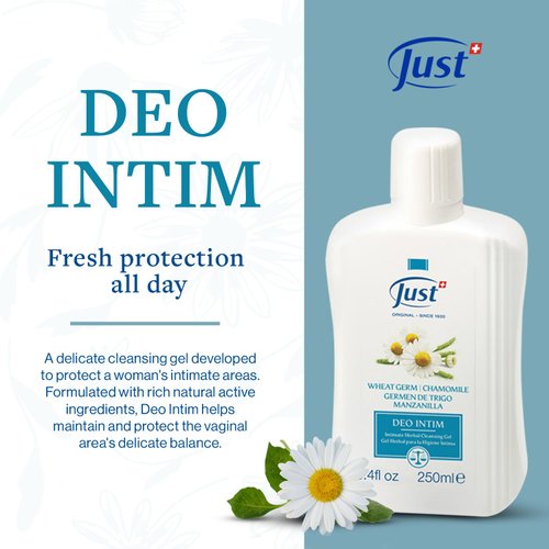 Swiss Just Deo Intim Cleansing Gel 250ml. Feminine Wash Formulated with Rich Ingredients. A Delicate Cleansing Gel and pH Balancing Cleanser. Moisturizing Feminine Care & Gentle Intimate Wash