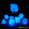 Bescon Gemini Glowing Polyhedral Dice 7pcs Set ICY Rocks, Luminous RPG Dice Set d4 d6 d8 d10 d12 d20 d%, Brick Box Packaging